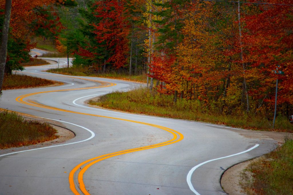 Winding two-lane highway 42 in Door County 